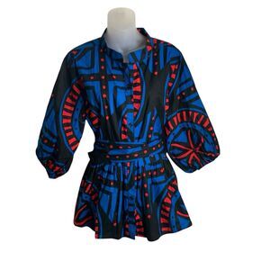 Diyanu Button Up Blouse Puff Sleeve Belt 1X African Inspired Print Blue Red NWOT